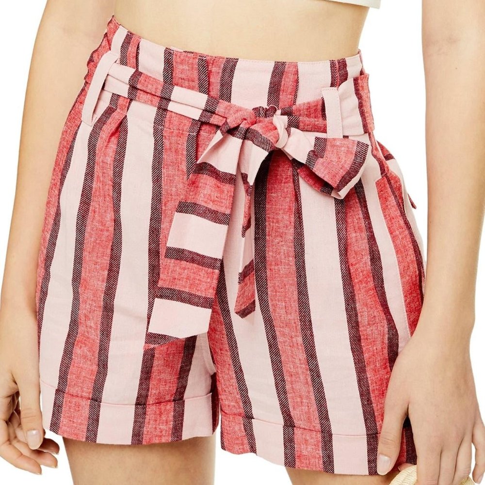 Topshop Womens Pink Stripe Linen Tie Shorts